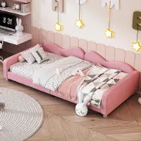 MODFU Schlafsofa Kinderbett 90x200cm mit Lattenrost, Holzbett Tagesbett Daybett Jugendbett Gästebett mit Rückenlehne und Armlehnen, Rosa(Ohne Matratze)