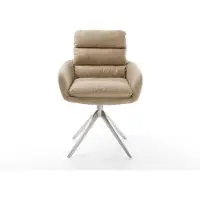 DELIFE Esszimmerstuhl Abelia-Flex mit Armlehnen Mikrofaser Beige Vintage Kreuzgestell breit Edelstahl