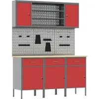 vidaXL Werkbank mit Schubladen 7 pcs Rot Ingenieure Holz und Stahl