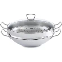 Fissler Nanjing / Edelstahl-Wok (Ø 36 cm) große Wok-Pfanne unbeschichtet,Asiapfanne mit Glas-Deckel, inkl. Dämpfeinsatz, alle Herdarten - auch Induktion