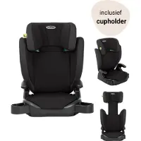 Graco Junior Maxi i-Size R129 Kindersitz, ca. 3,5 bis 12 Jahre (100 bis 150 cm), Kindersitzerhöhung, Armlehnen und Kopfstütze höhenverstellbar, leicht, mit Getränkehalter, schwarz, Midnight