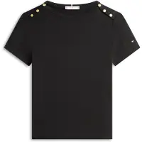 Tommy Hilfiger für Damen. WW0WW49250 Schmales T-Shirt mit Boot-Ausschnitt und Knöpfen schwarz (S), Lässig, Baumwolle, Kurzarm