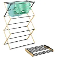 Relaxdays Wäscheständer, klappbar, ausziehbar, 11 Stangen, HxBxT: 107 x 43–74 x 37 cm, Bambus & Metall, natur/schwarz