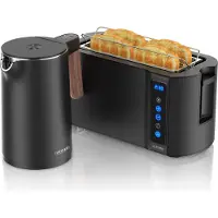 Arendo Frühstücksset 2-teilig, Wasserkocher Wood Style 1,5 l 2200 W, 7 Temperaturstufen, Touch-Langschlitz-Toaster 1500 W, 4 Scheiben, schwarz Holz dunkel