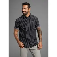 Man'S World Kurzarmhemd , Herren, Gr. L (41/42), N-Gr, schwarz (schwarz gestreift), Web, Obermaterial: 100% Baumwolle, gestreift, comfort fit hüftlang, Aufschlag, Hemden Kurzarmhemd, modern gestreift