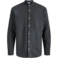 Jack & jones Langarmhemd "JJEBREEZE LINEN BLEND BAND SHIRT L PLS", Herren, Gr. 5XL, N-Gr, schwarz, Web, Obermaterial: 70% Baumwolle, 30% Leinen, , Hemden Langarmhemd, mit Stehkragen