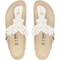 Birkenstock für Damen. 1026735 Sandalen aus Leder Gizeh Flower Embellishment (Schmale Passform) weiß (36), Wohnung, Schnalle, Lässig