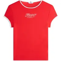 Tommy Hilfiger Kurzarmshirt "TILT GRAPHIC SLIM C-NK SS TEE", Damen, Gr. M (40), rot (fireworks), Single Jersey, Obermaterial: 100% Baumwolle, unifarben, slim fit normal, Rundhals, Shirts Kurzarmshirt