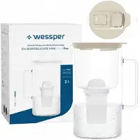 Wessper Glas Wasserfilterkanne Beige 2L mit LED Filteranzeige + 1 Filterkartusche