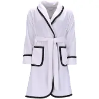 Vossen Damenbademantel "Limbo, ideal für Sauna & Spa, Hotelbademantel, Morgenmantel" Gr. XL, weiß, L:95cm, Baumwolle, Hausmäntel, Damenbademantel, mit Schalkragen, Uni Farben, Schwarzes Kofferband