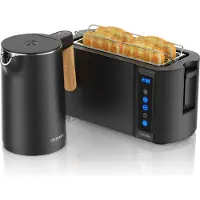 Arendo Frühstücksset 2-teilig, Wasserkocher Wood Style 1,5 l 2200 W, 7 Temperaturstufen, Touch-Langschlitz-Toaster 1500 W, 4 Scheiben, schwarz Holz hell