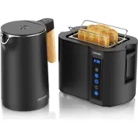 Arendo Frühstücksset 2-teilig, Wasserkocher Wood Style 1,5 l 2200 W, 7 Temperaturstufen, Touch-Kurzschlitztoaster 800 W, 2 Scheiben, schwarz Holz hell
