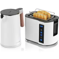 Arendo Frühstücksset 2-teilig, Wasserkocher Wood Style 1,5 l 2200 W, 7 Temperaturstufen, Touch-Kurzschlitztoaster 800 W, 2 Scheiben, weiß Holz dunkel