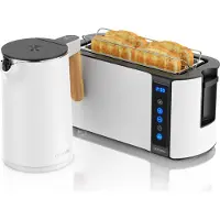 Arendo Frühstücksset 2-teilig, Wasserkocher Wood Style 1,5 l 2200 W, 7 Temperaturstufen, Touch-Langschlitz-Toaster 1500 W, 4 Scheiben, weiß Holz hell