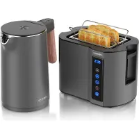 Arendo Frühstücksset 2-teilig, Wasserkocher Wood Style 1,5 l 2200 W, 7 Temperaturstufen, Touch-Kurzschlitztoaster 800 W, 2 Scheiben, Cool Grey Holz dunkel