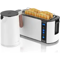 Arendo Frühstücksset 2-teilig, Wasserkocher Wood Style 1,5 l 2200 W, 7 Temperaturstufen, Touch-Langschlitz-Toaster 1500 W, 4 Scheiben, weiß Holz dunkel