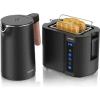 Arendo Frühstücksset 2-teilig, Wasserkocher Wood Style 1,5 l 2200 W, 7 Temperaturstufen, Touch-Kurzschlitztoaster 800 W, 2 Scheiben, schwarz Holz dunkel