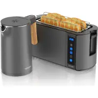 Arendo Frühstücksset 2-teilig, Wasserkocher Wood Style 1,5 l 2200 W, 7 Temperaturstufen, Touch-Langschlitz-Toaster 1500 W, 4 Scheiben, Cool Grey Holz hell