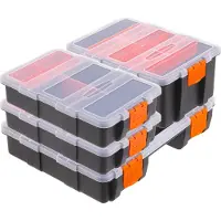 Relaxdays Sortierbox, 4er Set, 3 Größen, 49 Fächer, Kunststoff, Aufbewahrung Kleinteile, Sortimentsbox, schwarz/orange