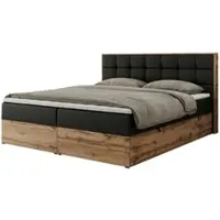 MKS Meble Boxspringbett 140x200 mit Bettkasten Eiche, Polsterbett 140x200 mit Matratze H4, Bett 140x200 mit Kopfteil, Eiche Wotan - 140x200 - Schwarz Kunstleder - Albero-1
