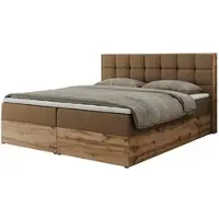 MKS Meble Boxspringbett 200x200 mit Bettkasten Eiche, Polsterbett 200x200 mit Matratze H3, Bett 200x200 mit Kopfteil, Eiche Wotan - 200x200 - Braun Kunstleder - Albero-1