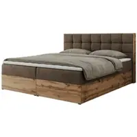 MKS Meble Boxspringbett 140x200 mit Bettkasten Eiche, Polsterbett 140x200 mit Matratze H4, Bett 140x200 mit Kopfteil, Eiche Wotan - 140x200 - Braun Velvet - Albero-1