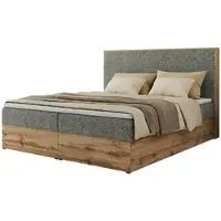 MKS Meble Boxspringbett WOOD CLASSIC, Komplett Set mit Multipocket-Matratze und Topper T25, Doppelbett für Schlafzimmer, hohe Kopfteil - 180 x 200 cm - H4 - Grau Struktur
