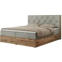 MKS Meble Boxspringbett 200x200 mit Bettkasten Eiche, Polsterbett 200x200 mit Matratze H3, Bett 200x200 mit Kopfteil, Bett mit Holzrahmen in Wotan Eiche - Hellgrau Struktur - Veneto