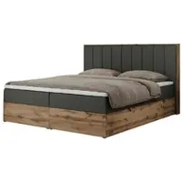 MKS Meble Boxspringbett 160x200 mit Bettkasten Eiche, Polsterbett 160x200 mit Matratze H3, Bett 160x200 mit Kopfteil, Bett mit Holzrahmen in Wotan Eiche - Dunkelgrau Kunstleder - Bellissimo