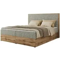 MKS Meble Boxspringbett WOOD CLASSIC, Komplett Set mit Multipocket-Matratze und Topper T25, Doppelbett für Schlafzimmer, hohe Kopfteil - 160 x 200 cm - H4 - Beige Struktur