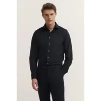 Bugatti Langarmhemd , Herren, Gr. S, Normalgrößen, blau (390, marine), 91% Baumwolle, 9% Elasthan, unifarben, normal, eckige 2-Knopf-Manschette, Hemden Langarmhemd, mit Kentkragen