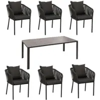 Mendler Gartengarnitur HWC-N41, Tisch+6xStuhl, wetterfest Alu 180x80cm, Seilgeflecht Rope anthrazit, Kissen dunkelgrau