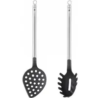Markenlos Pasta Set 2-teilig, Spaghettiheber und Schaumlöffel, schwarz/silbern