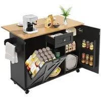 OKWISH Kücheninsel Servierwagen Schwarz 142x63x87 cm mit Klapptür Stauraum Rollen und Standfüßen verstellbaren Regalen, MDF Tischplatte mit Muster
