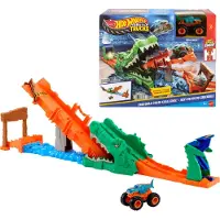 Hot Wheels Monster Trucks Crocodile Crash Challenge Spielset und Mega-Wrex-Spielfahrzeug im Maßstab 1:64, Monstertruck- & Schienen-Set, 4 Jahr(e), Kunststoff, Metall, Mehrfarbig