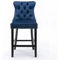 MODFU Barhocker Set 2 Samt Blau 103x50x60 cm mit hoher Rückenlehne Knopfheftung Nietenbesatz Massivholzbeine höhenverstellbar