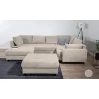 Collection Ab Wohnlandschaft "Toni U-Form, B: 298 cm", beige, B:298cm H:44cm T:203cm, 100%Polyester, Sofas, Wohnlandschaft, Set: Sofa & Hocker, 2 Zierkissen, Federkern