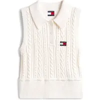 Tommy Hilfiger Pullunder TOMMY JEANS "TJW GMD CABLE POLO SWEATER", Damen, Gr. M (38), weiß (ancient weiß), Strick, Obermaterial: 100% Baumwolle, unifarben, slim fit taillenbedeckt, Pullover Pullunder, mit Zopfmuster