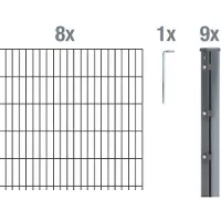 Alberts Doppelstabmattenzaun 8-6-8, Matten 2,50 m, Höhe 1,83 m, Länge 20 m, anthrazit, Zaun als Komplettset, Pfosten mit Abdeckleiste 60x40 mm