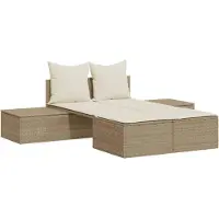 vidaXL Doppel-Sonnenliege mit Auflagen Beige Poly Rattan