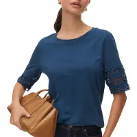 Vero Moda T-Shirt "VMIVACY 2/4 O-NECK TOP JRS BTQ", Damen, Gr. XS, blau (schwarz denim), Jersey, Obermaterial: 100% Baumwolle, unifarben, normal normal, Rundhals, Shirts T-Shirt, mit Lochstickerei