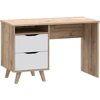 Forte VANKKA Schreibtisch 120, Skandi Schreibtisch mit 2 Schubladen, offenen Fach und filigranen Möbelbeinen, Holzwerkstoff, Planked Eiche Holzdekor, 119,7 cm breit x 75 cm hoch x 52,7 cm tief