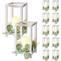 Vevor 12er-Set, Holzlaternen, inkl. 12x Kerzenhaltern aus Holzlaternen, 12x flammenlosen LED-Kerzen, 12x Eukalyptusblätter-Kranz für Hochzeitstisch, Party, Bauernhaus-Dekoration, Weiß