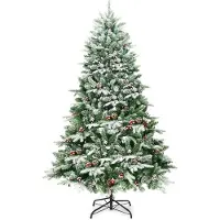 Coast Costway Künstlicher Weihnachtsbaum - Mit Schnee Tannenzapfen & roten Beeren - Grün - 195cm