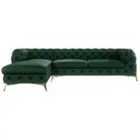S-Style Möbel - Chesterfield Ecksofa mit Ottomane links Nova mit Goldene Metall Füßen aus Flasche Grün Samtstoff, B/T/H: 305 cm/ 200 cm/ 75 cm