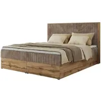 MKS Meble Boxspringbett WOOD CLASSIC, Komplett Set mit Multipocket-Matratze und Topper T25, Doppelbett für Schlafzimmer, hohe Kopfteil - 180 x 200 cm - H3 - Braun Cord