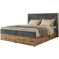 MKS Meble Boxspringbett WOOD CLASSIC, Komplett Set mit Multipocket-Matratze und Topper T25, Doppelbett für Schlafzimmer, hohe Kopfteil - 160 x 200 cm - H3 - Grau Cord