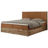 MKS Meble Boxspringbett 140x200 mit Bettkasten Eiche, Polsterbett 140x200 mit Matratze H4, Bett 140x200 mit Kopfteil, Bett mit Holzrahmen in Wotan Eiche - Orange Struktur - Bellissimo