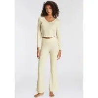 LASCANA Pyjama , Damen, Gr. 40/42, beige (ecru), Single Jersey, Obermaterial: 63% Polyester, 33% Viskose, 4% Elasthan, schmal lang, tiefer V-Ausschnitt, Homewear-Sets Pyjama, aus schönem Ripp-Material