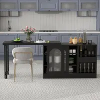 OKWISH Ausziehbarer Esstische 360° Drehbare Beistelltisch Bartisch mit Glasschranktür und zwei ausklappbare Tischplatten,Kaffeebar mit offene Ablagen,Schwarz
